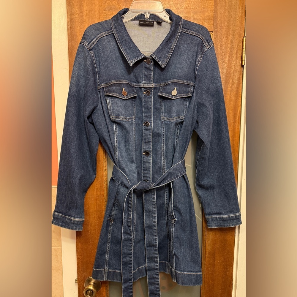 Susan Graver Women Plus Button Down Dark Wash Belted Denim Jacket Coat-2XL